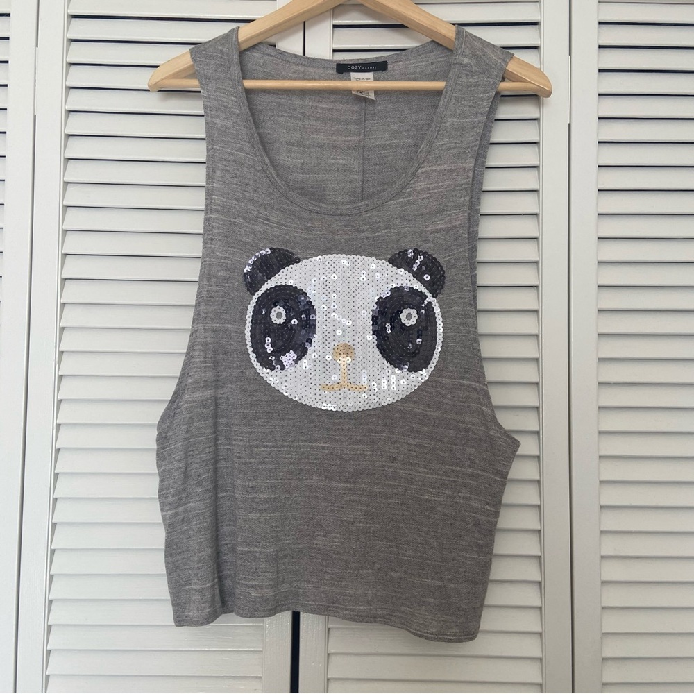 Cozy Casual Embellished Sequin Panda Heather Grey Muscle Tank S Small